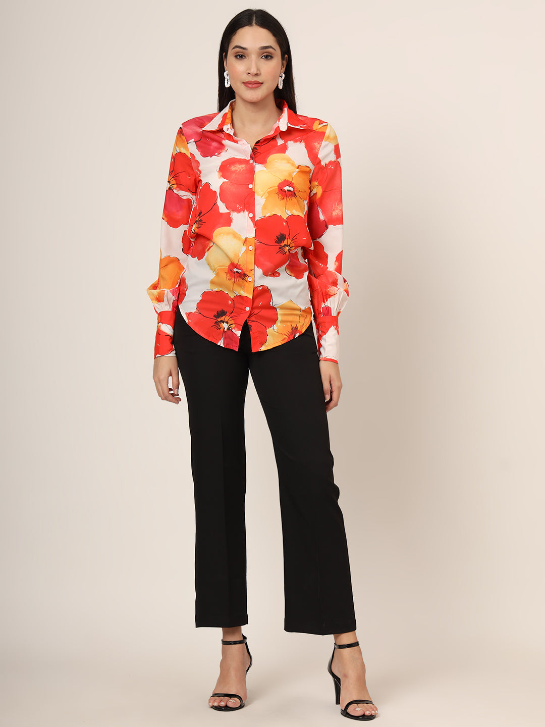 Women'S Premium American Crepe Multicolour Long Length Curved Hem Digital Print Shirt