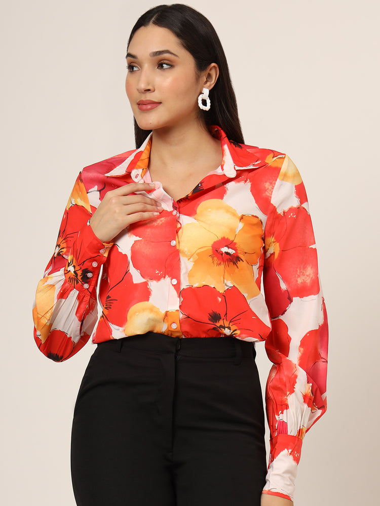 Women'S Premium American Crepe Multicolour Long Length Curved Hem Digital Print Shirt
