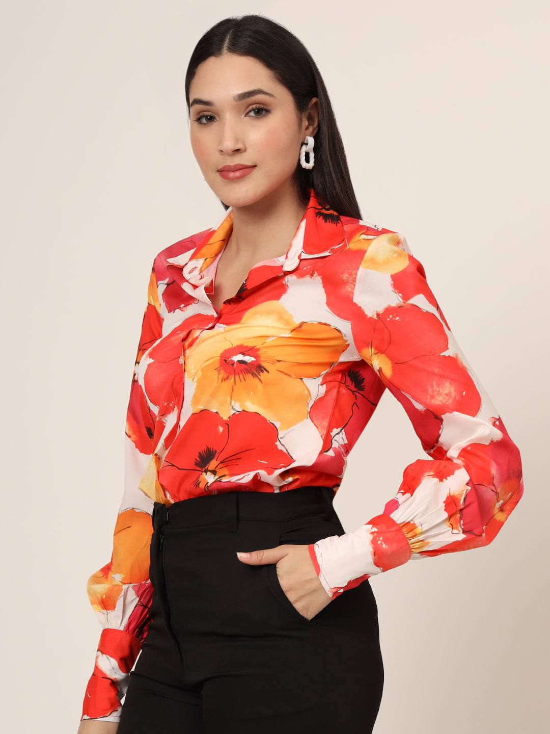 Women'S Premium American Crepe Multicolour Long Length Curved Hem Digital Print Shirt