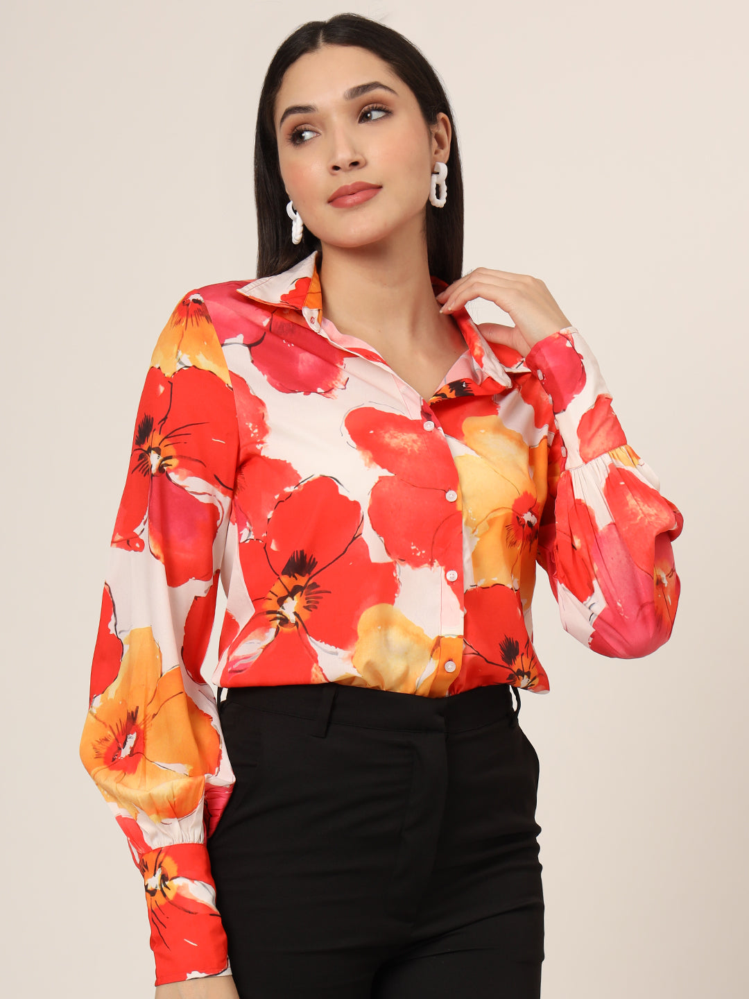 Women'S Premium American Crepe Multicolour Long Length Curved Hem Digital Print Shirt