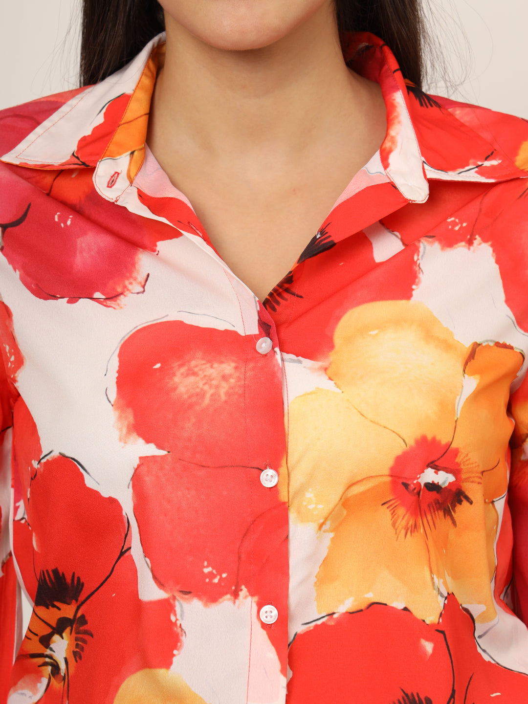 Women'S Premium American Crepe Multicolour Long Length Curved Hem Digital Print Shirt