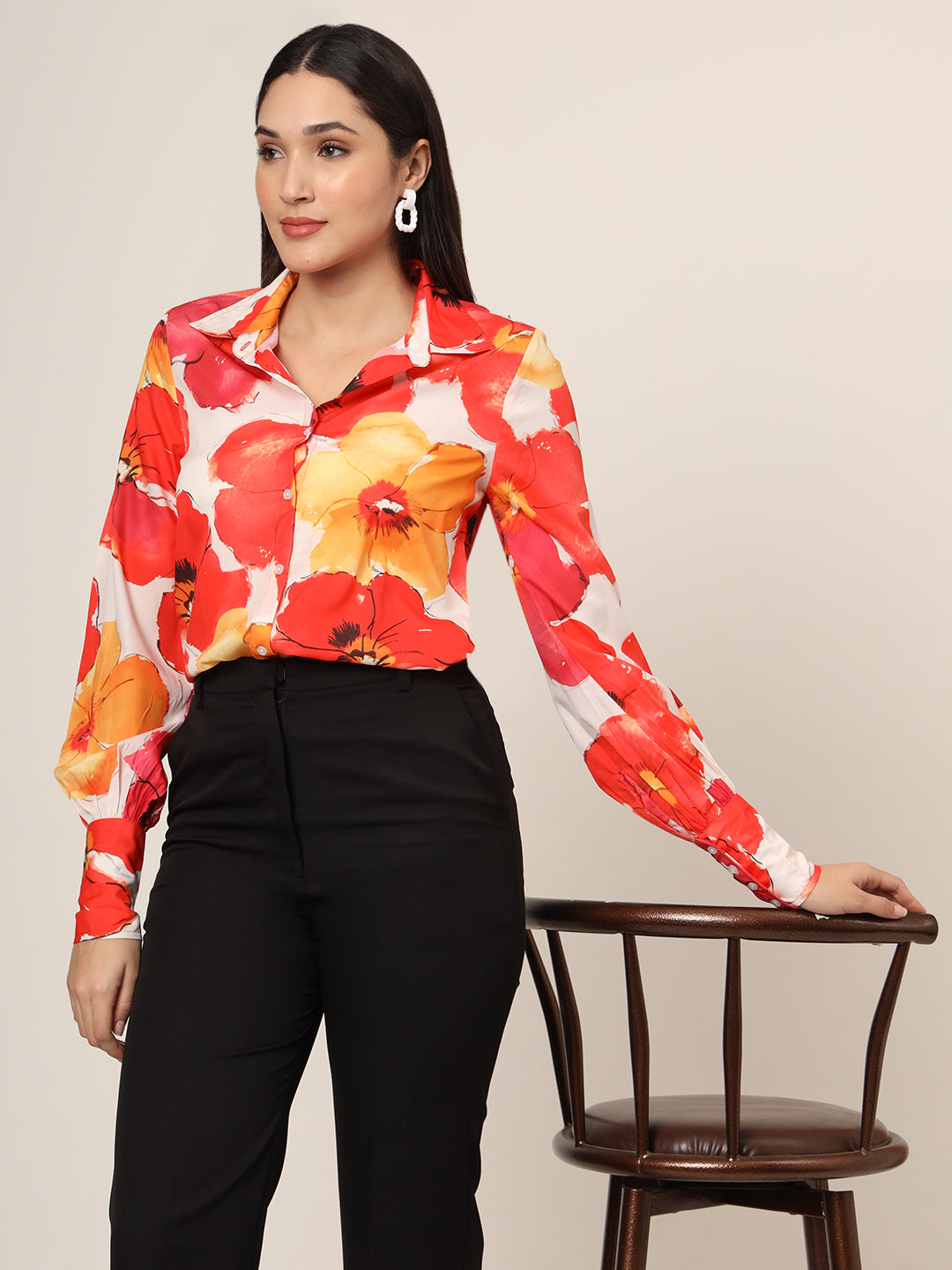 Women'S Premium American Crepe Multicolour Long Length Curved Hem Digital Print Shirt