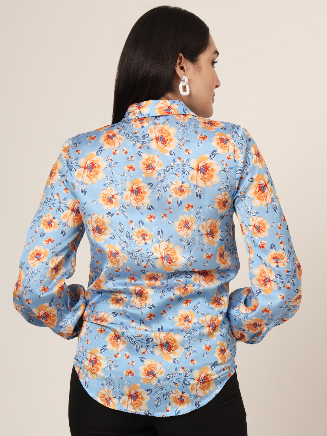 Women'S Luxury Linen Satin Multicolour Long Length Curved Hem Digital Print Shirt