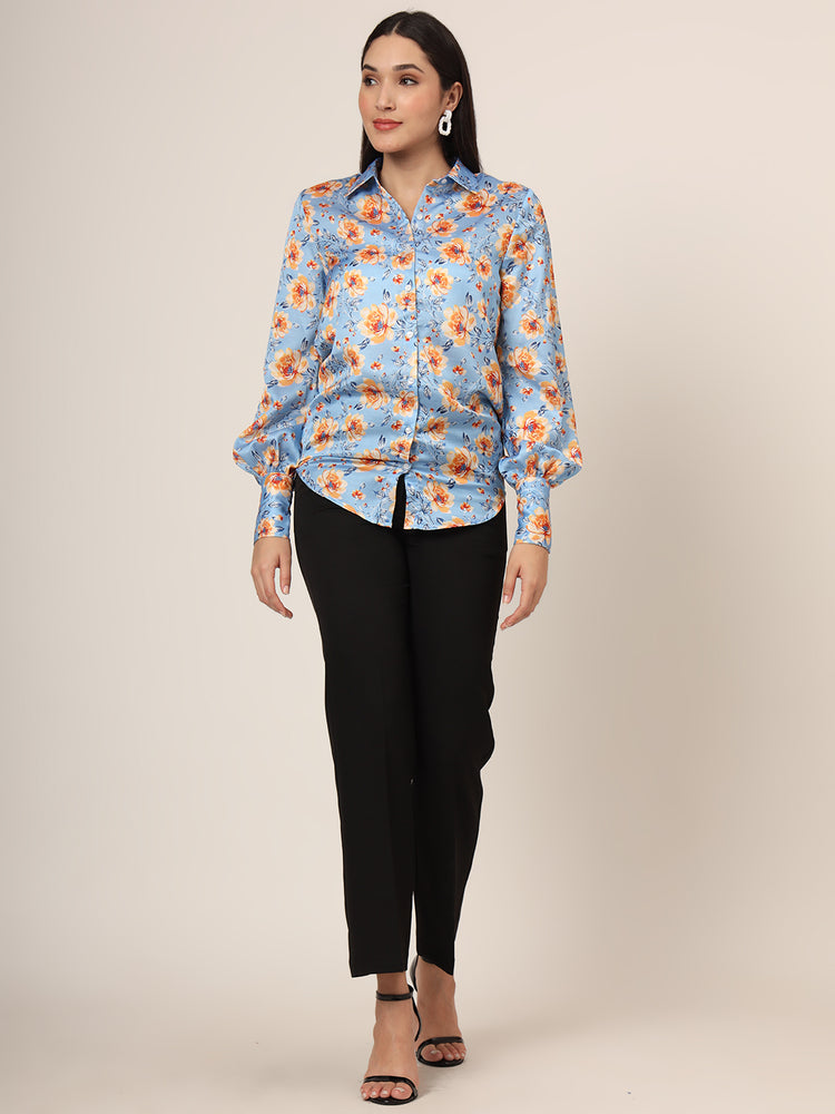 Women'S Luxury Linen Satin Multicolour Long Length Curved Hem Digital Print Shirt