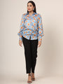 Women'S Luxury Linen Satin Multicolour Long Length Curved Hem Digital Print Shirt
