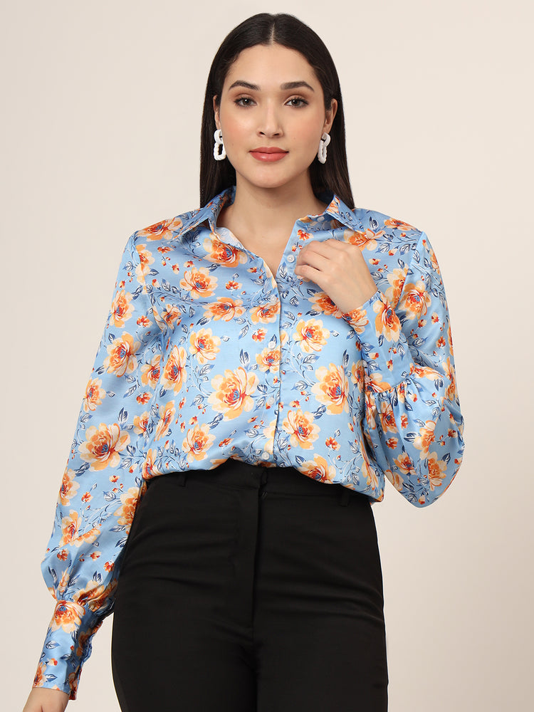 Women'S Luxury Linen Satin Multicolour Long Length Curved Hem Digital Print Shirt