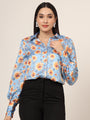 Women'S Luxury Linen Satin Multicolour Long Length Curved Hem Digital Print Shirt