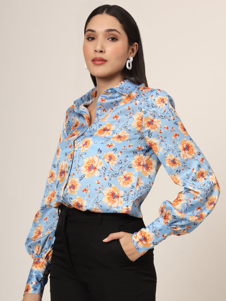 Women'S Luxury Linen Satin Multicolour Long Length Curved Hem Digital Print Shirt