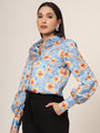 Women'S Luxury Linen Satin Multicolour Long Length Curved Hem Digital Print Shirt