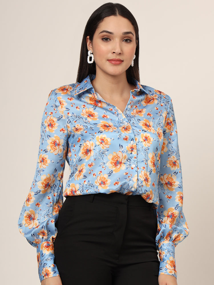 Women'S Luxury Linen Satin Multicolour Long Length Curved Hem Digital Print Shirt