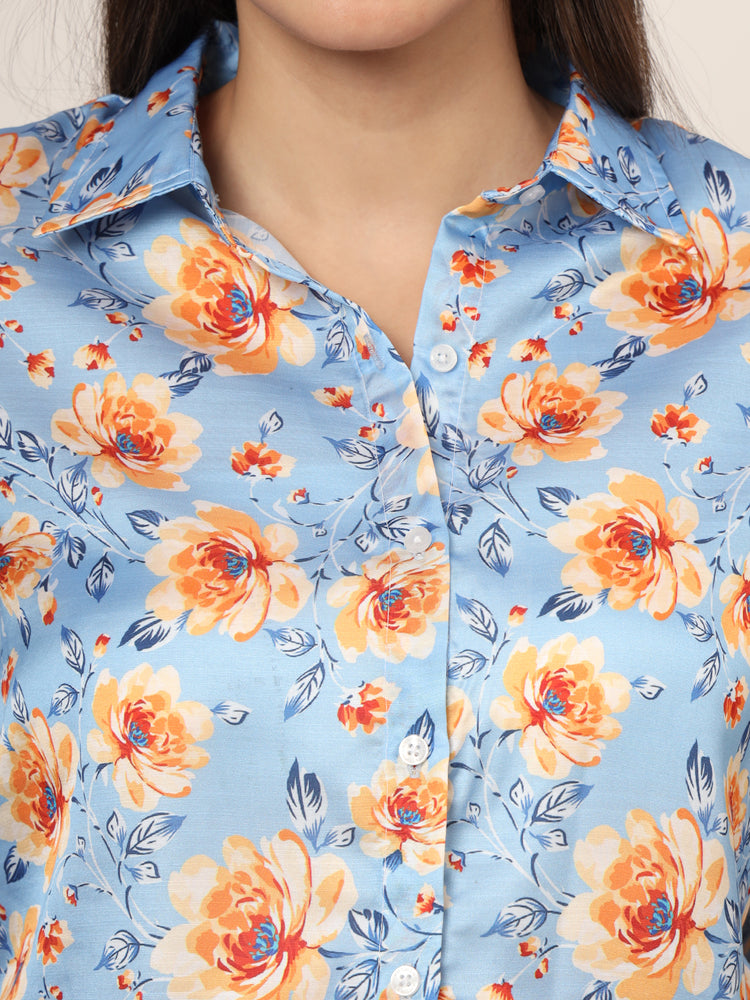 Women'S Luxury Linen Satin Multicolour Long Length Curved Hem Digital Print Shirt