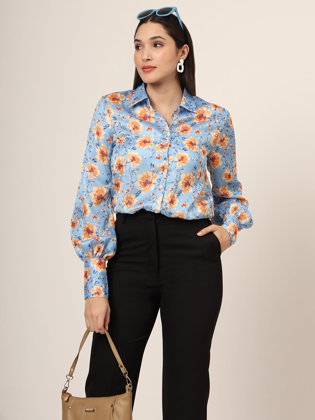 Women'S Luxury Linen Satin Multicolour Long Length Curved Hem Digital Print Shirt