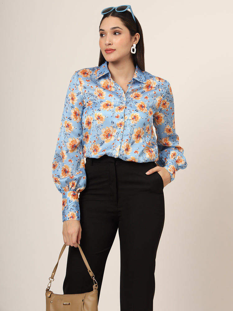 Women'S Luxury Linen Satin Multicolour Long Length Curved Hem Digital Print Shirt