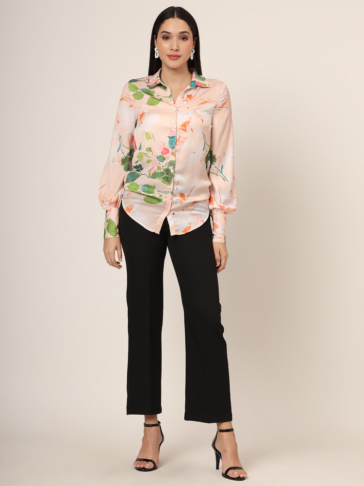 Women'S Luxury Satin Multicolour Long Length Curved Hem Digital Print Shirt