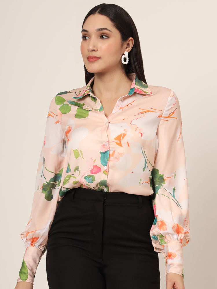 Women'S Luxury Satin Multicolour Long Length Curved Hem Digital Print Shirt