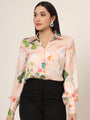Women'S Luxury Satin Multicolour Long Length Curved Hem Digital Print Shirt