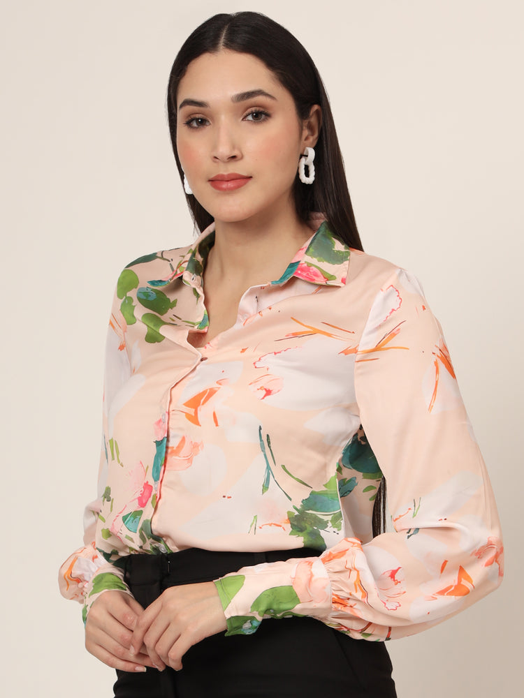 Women'S Luxury Satin Multicolour Long Length Curved Hem Digital Print Shirt