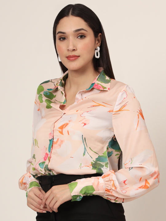 Women'S Luxury Satin Multicolour Long Length Curved Hem Digital Print Shirt