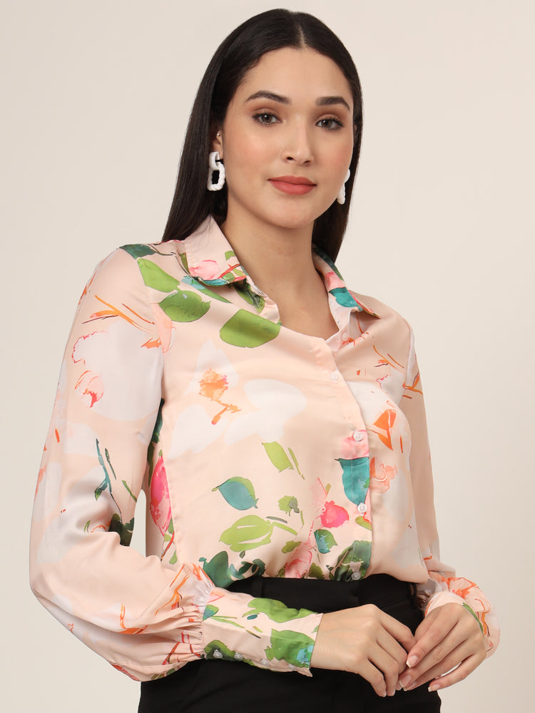 Women'S Luxury Satin Multicolour Long Length Curved Hem Digital Print Shirt