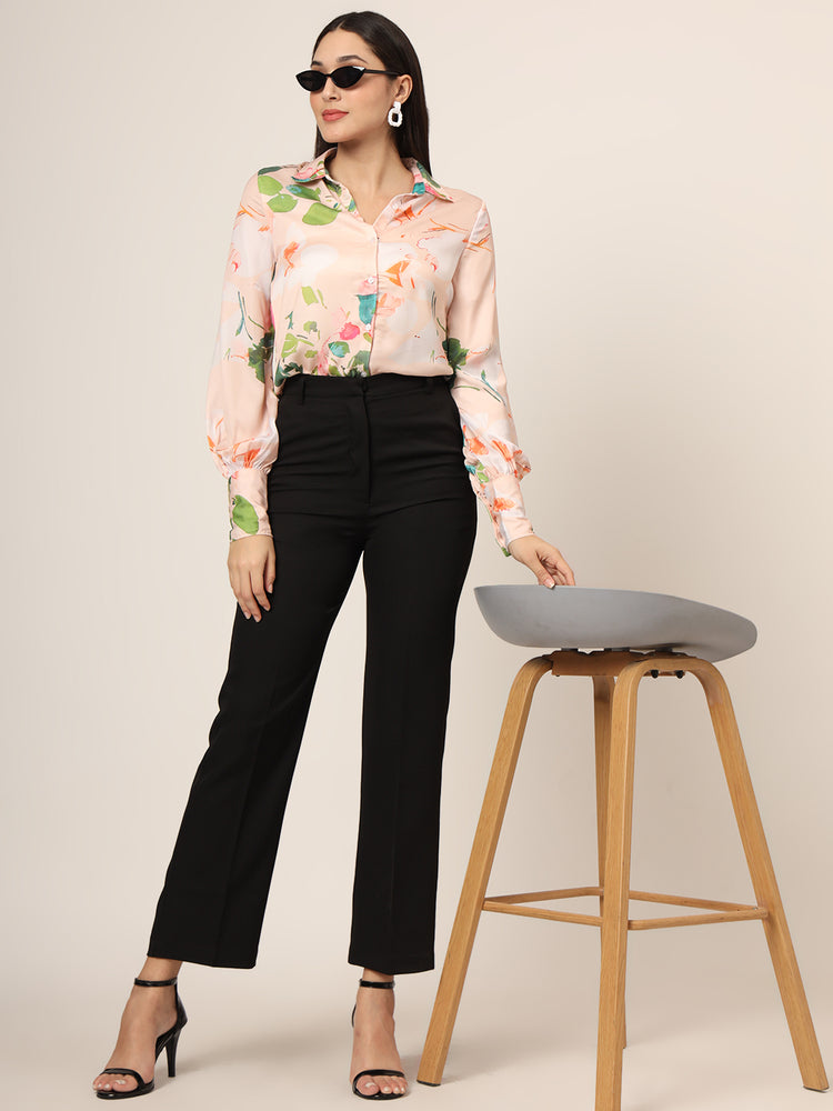 Women'S Luxury Satin Multicolour Long Length Curved Hem Digital Print Shirt