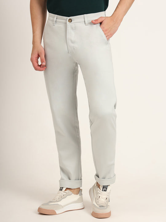 Premium Cotton Stretch Light Grey Solid Men'S Regular Fit Trouser