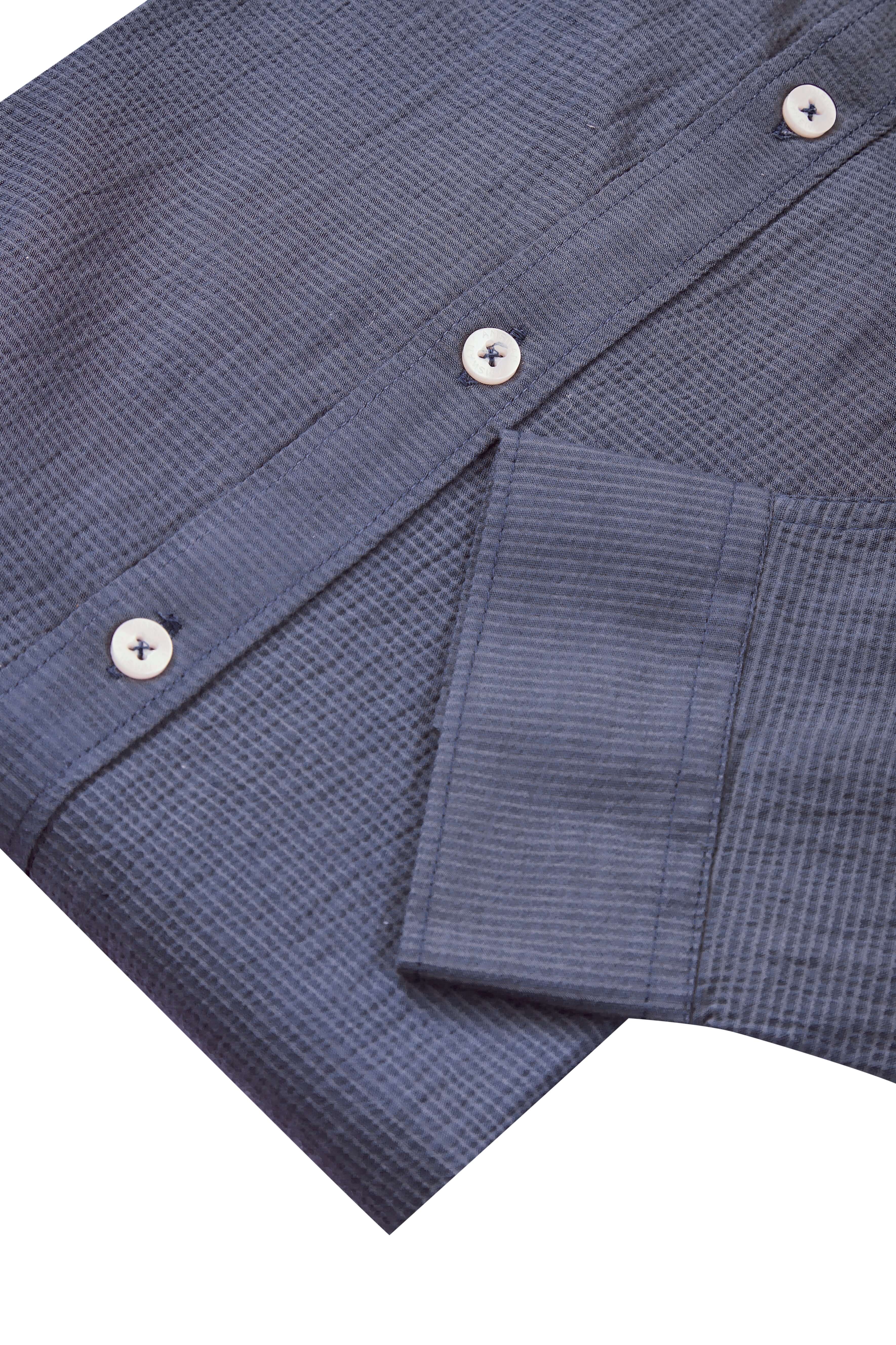 Amswan Premium Men'S Blue Crinkle Cotton Shirt - Mandarin Collar, Long Sleeves