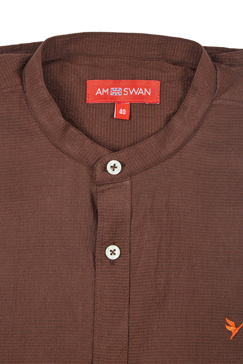 Premium Men'S Brown Crinkle Cotton Shirt - Mandarin Collar, Long Sleeves