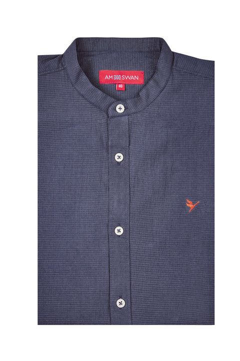 Amswan Premium Men'S Blue Crinkle Cotton Shirt - Mandarin Collar, Long Sleeves