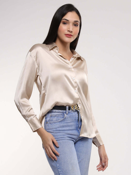 Women'S Premium Champagne Drop Shoulder Oversized Satin Shirt