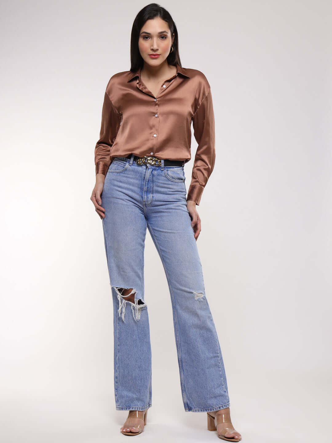 Women'S Premium Brown Sugar Drop Shoulder Oversized Satin Shirt