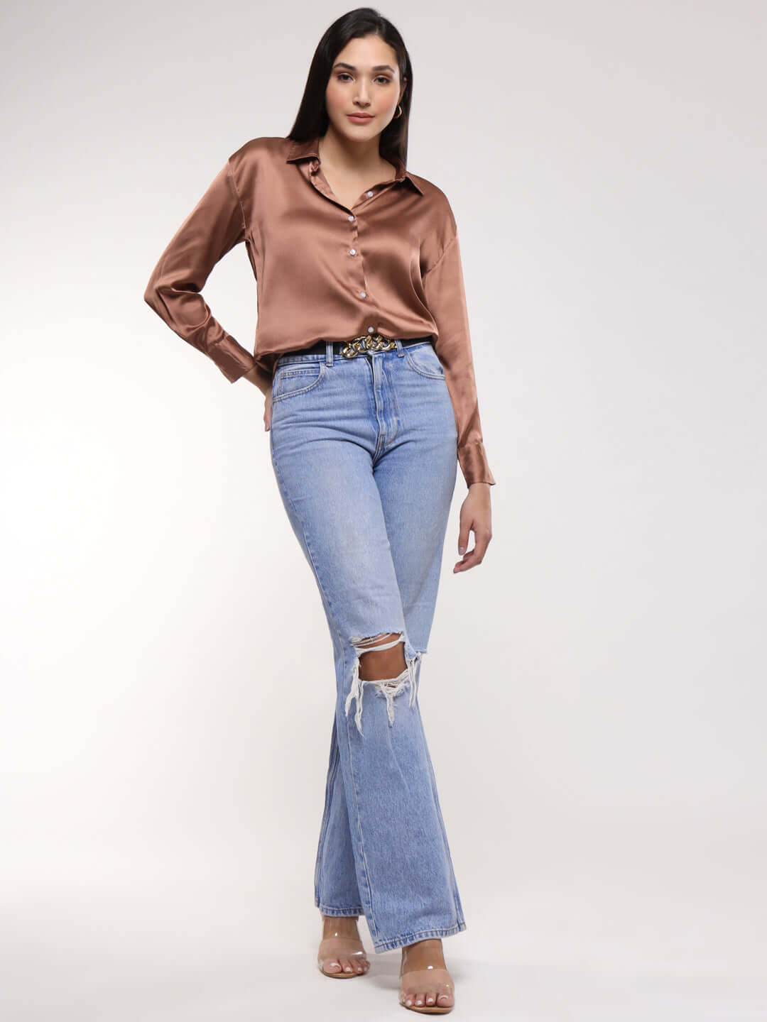Women'S Premium Brown Sugar Drop Shoulder Oversized Satin Shirt