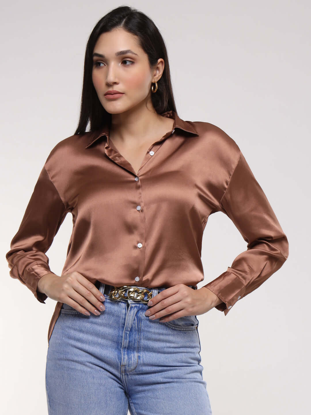 Women'S Premium Brown Sugar Drop Shoulder Oversized Satin Shirt