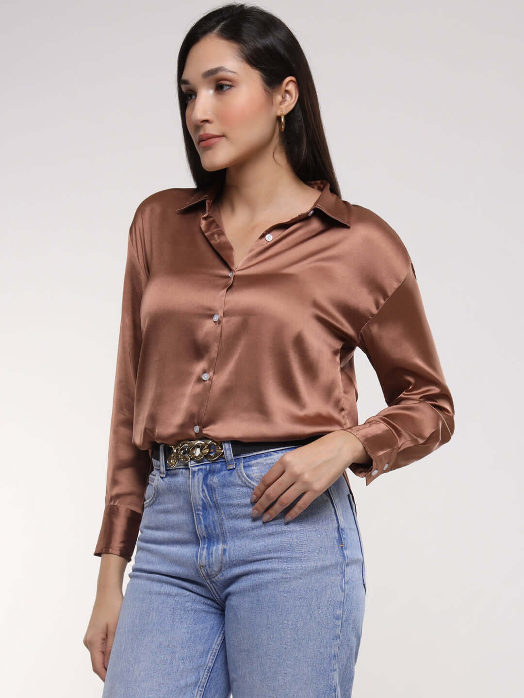 Women'S Premium Brown Sugar Drop Shoulder Oversized Satin Shirt