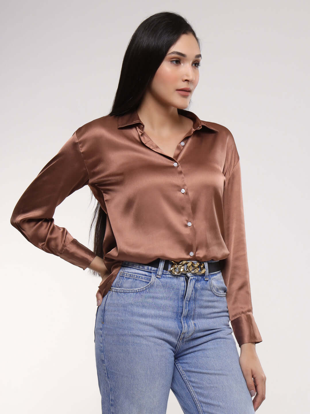 Women'S Premium Brown Sugar Drop Shoulder Oversized Satin Shirt