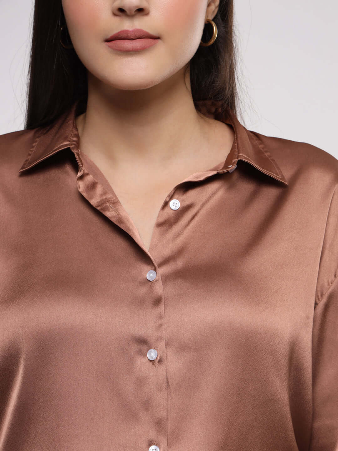 Women'S Premium Brown Sugar Drop Shoulder Oversized Satin Shirt