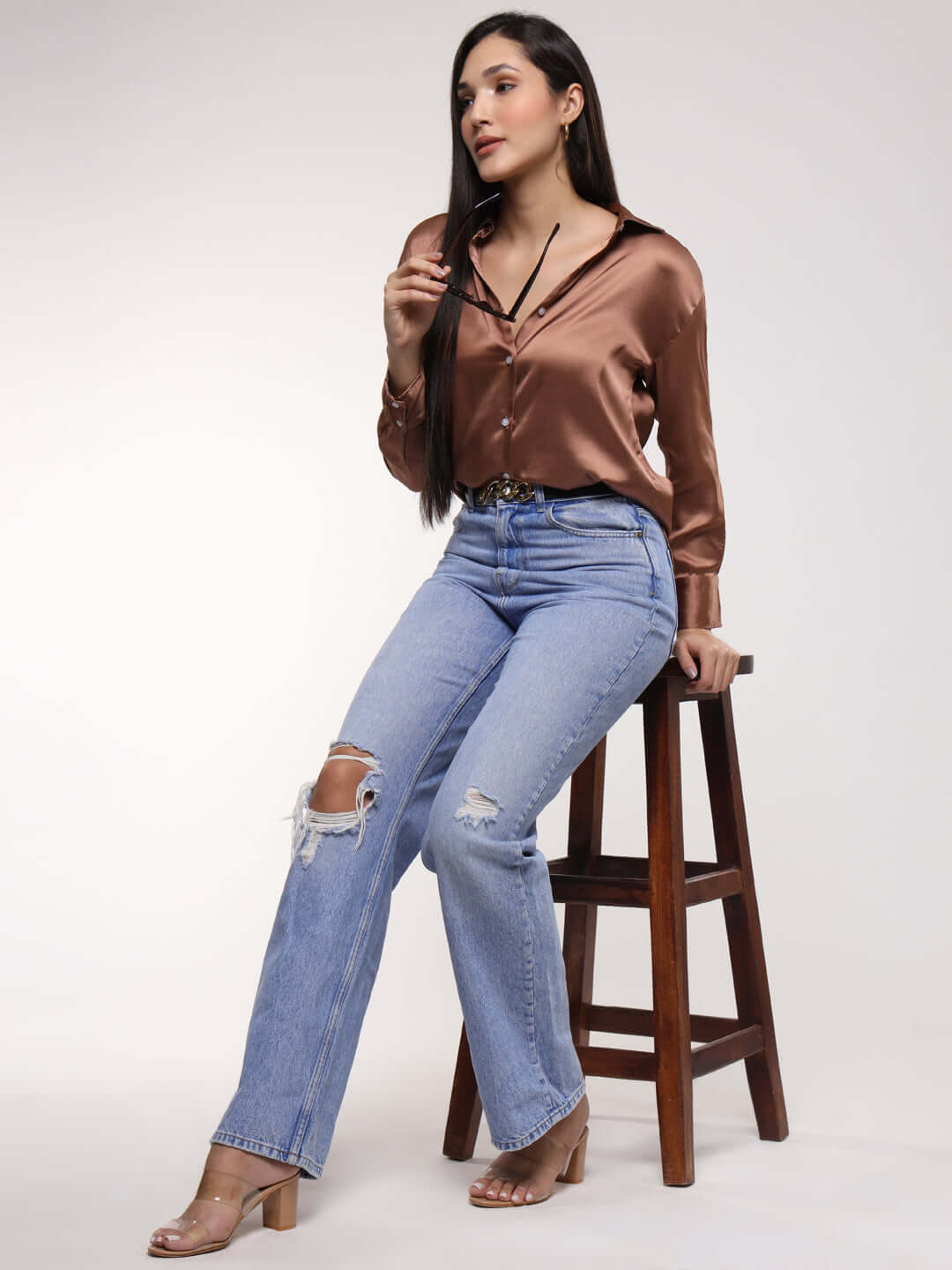 Women'S Premium Brown Sugar Drop Shoulder Oversized Satin Shirt