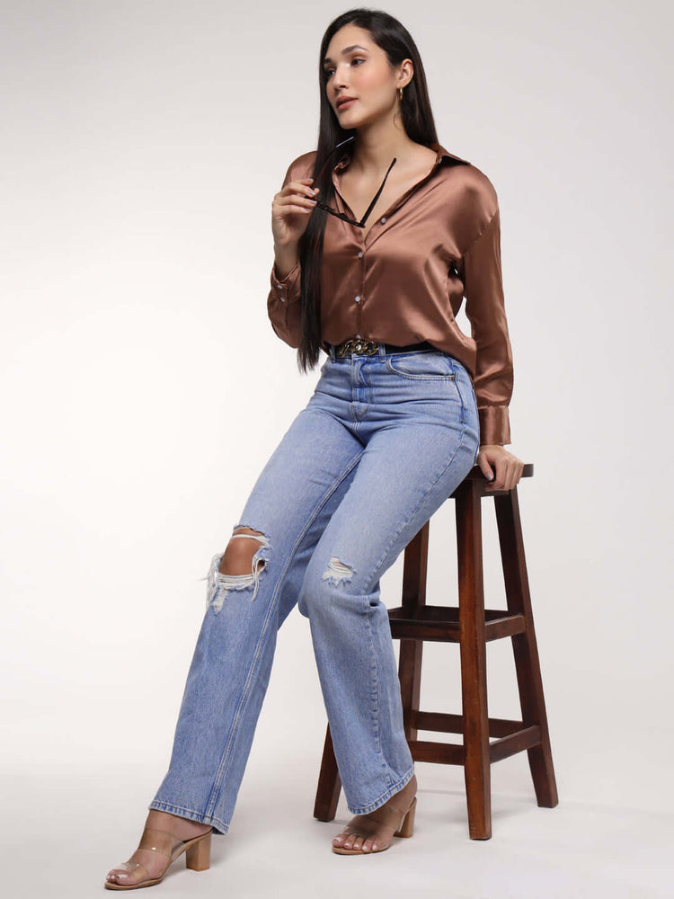 Women'S Premium Brown Sugar Drop Shoulder Oversized Satin Shirt