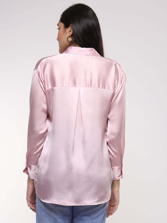 Women'S Premium Light Pink Drop Shoulder Oversized Satin Shirt