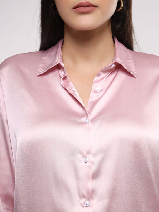 Women'S Premium Light Pink Drop Shoulder Oversized Satin Shirt