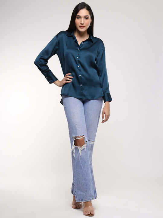 Women'S Premium Deep Teal Drop Shoulder Oversized Satin Shirt