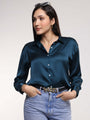 Women'S Premium Deep Teal Drop Shoulder Oversized Satin Shirt