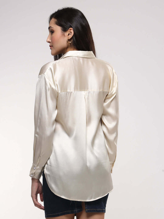 Women'S Premium Off White Drop Shoulder Oversized Satin Shirt