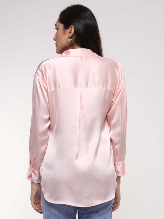 Women'S Premium Soft Pink Drop Shoulder Oversized Satin Shirt