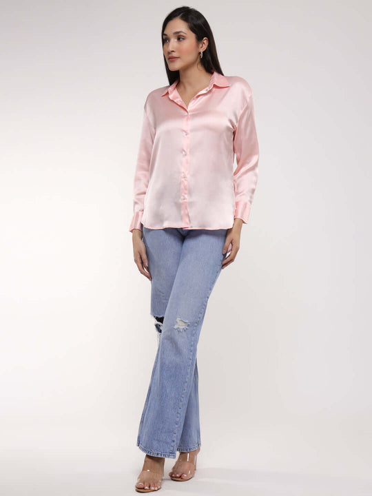 Women'S Premium Soft Pink Drop Shoulder Oversized Satin Shirt