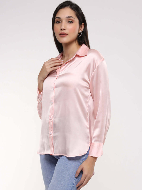 Women'S Premium Soft Pink Drop Shoulder Oversized Satin Shirt