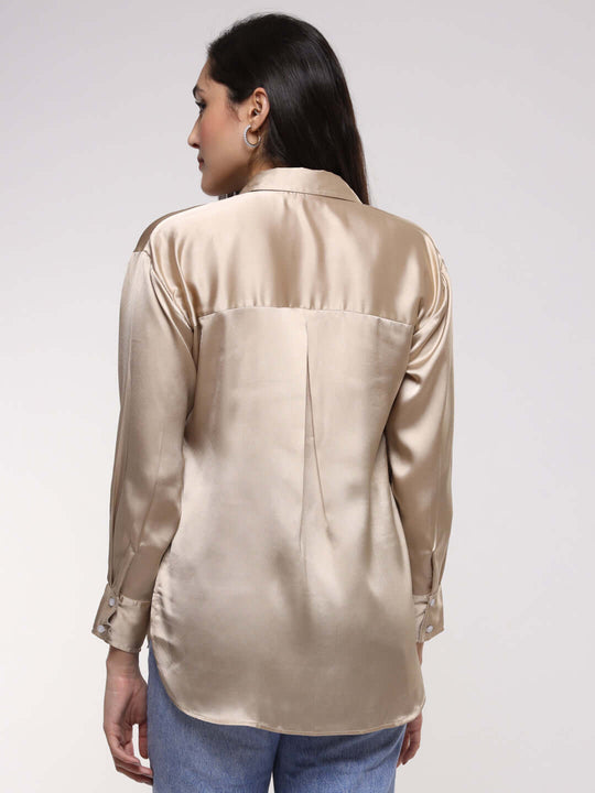 Women'S Premium Tan Brown Drop Shoulder Oversized Satin Shirt