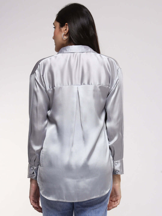 Women'S Premium Steel Grey Drop Shoulder Oversized Satin Shirt