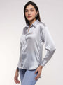 Women'S Premium Steel Grey Drop Shoulder Oversized Satin Shirt