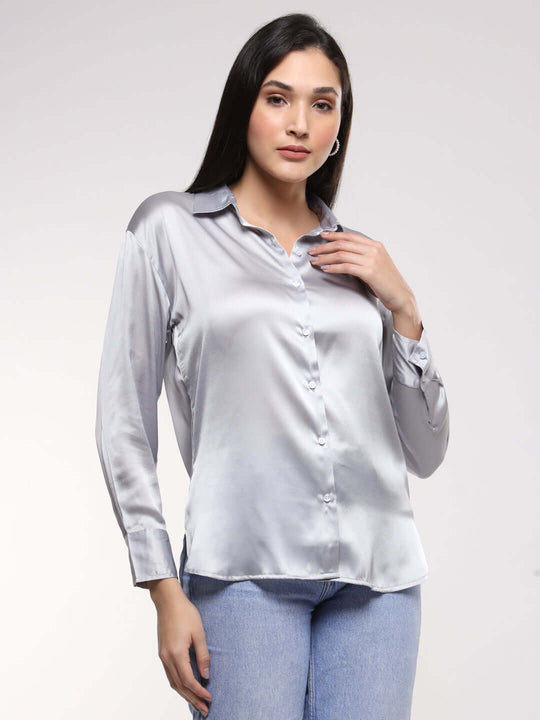 Women'S Premium Steel Grey Drop Shoulder Oversized Satin Shirt