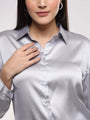 Women'S Premium Steel Grey Drop Shoulder Oversized Satin Shirt